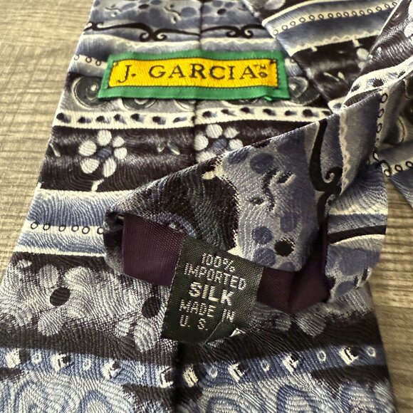 J. GARCIA 100% Silk Neck Tie Black Blue Grey Floral Geometric Made in USA - Picture 6 of 8